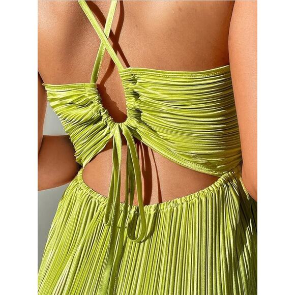 Shein Lime Green Satin Long Flowy Strappy Maxi Dress Medium - Picture 4 of 13